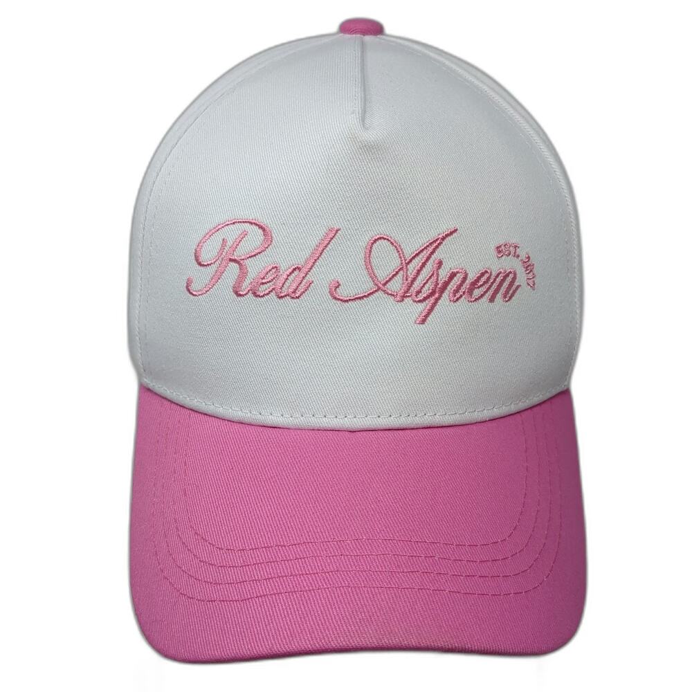 Red Aspen 5 Panel Hat White Pink One Size Snapback Cotton Logo Embroidery 2017